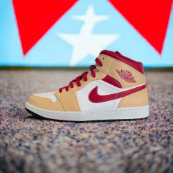 Jordan 1 Mid Light Curry Cardinal