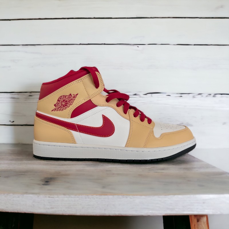 Jordan 1 Mid Light Curry Cardinal